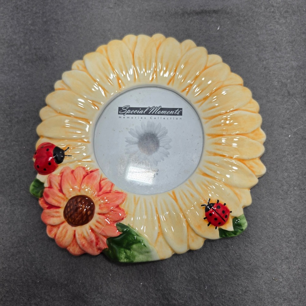 Sunflower Ladybug Ceramic 3x3 Picture Frame Yellow Orange
